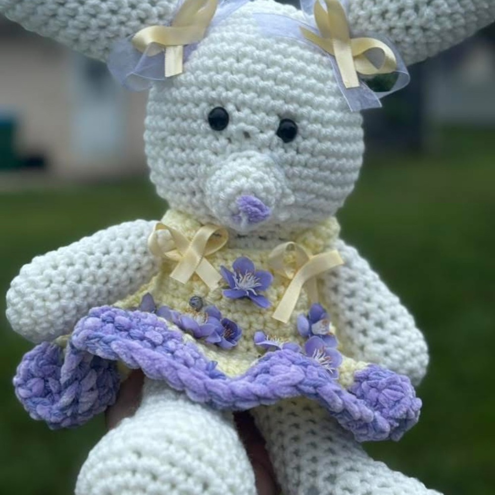 Handmade Crochet Bunny with Yellow and Purple Dress